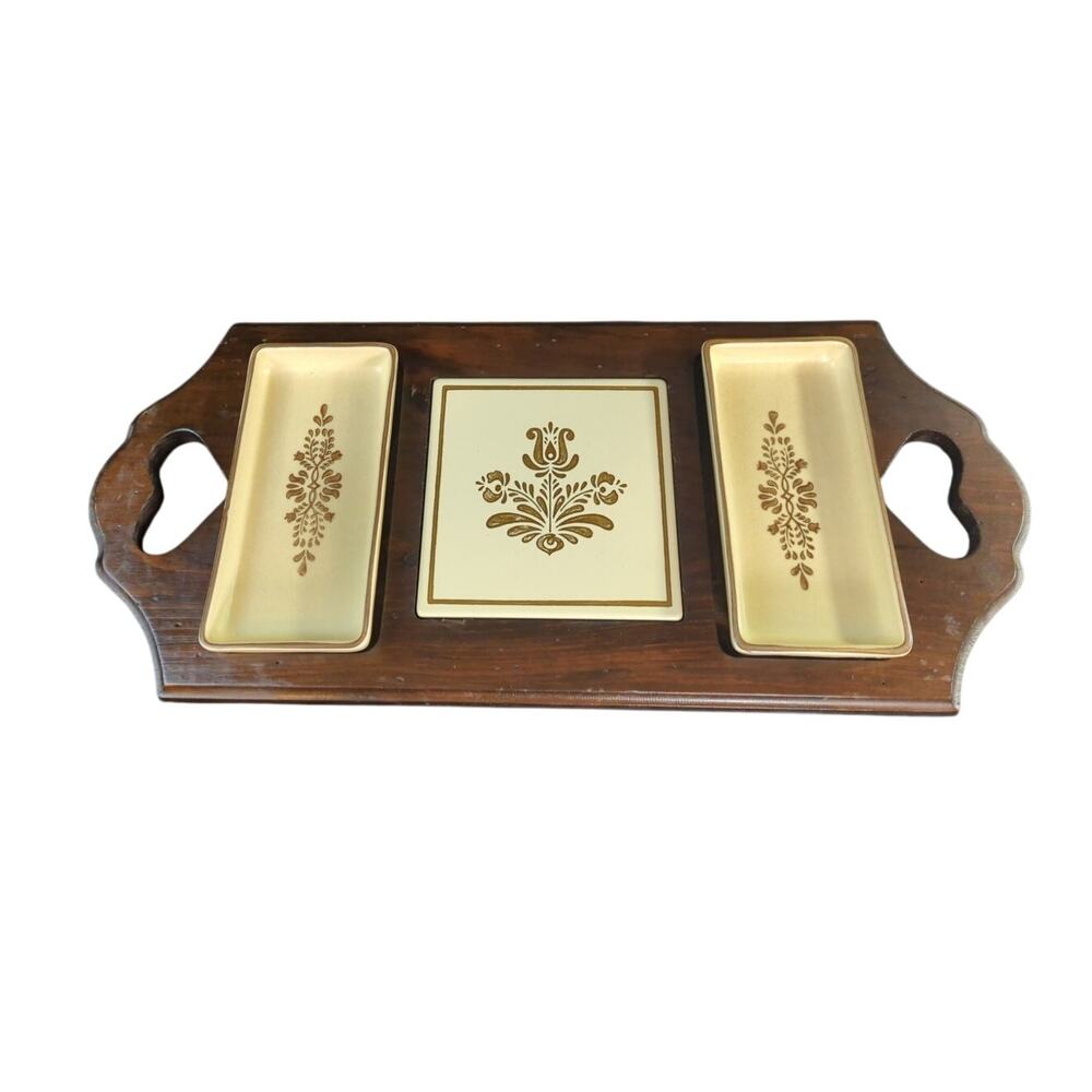 Vintage Pfaltzgraff Village Wood & Ceramic Party Server Relish Tray Cheese Board